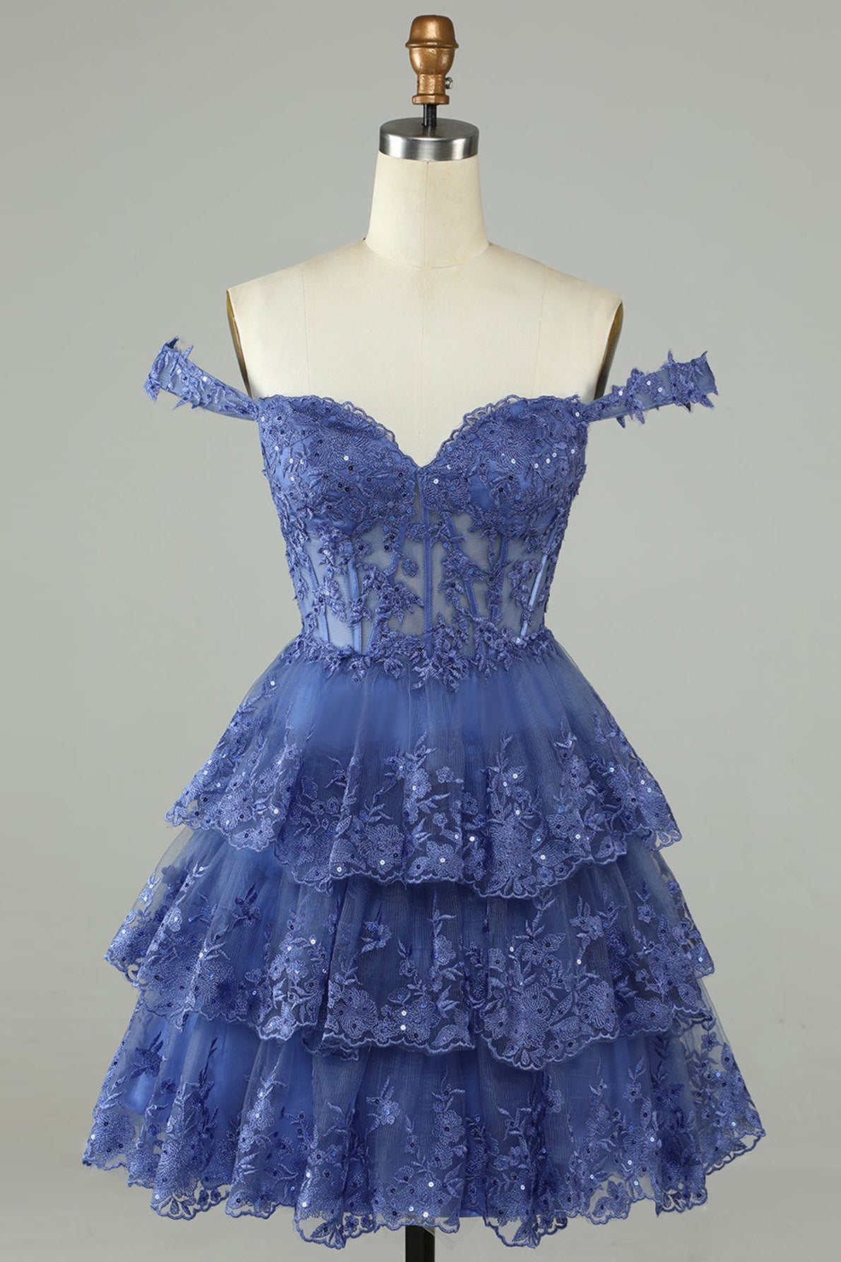 Blue Off-the-Shoulder Appliques Multi-Layers Homecoming Dress
