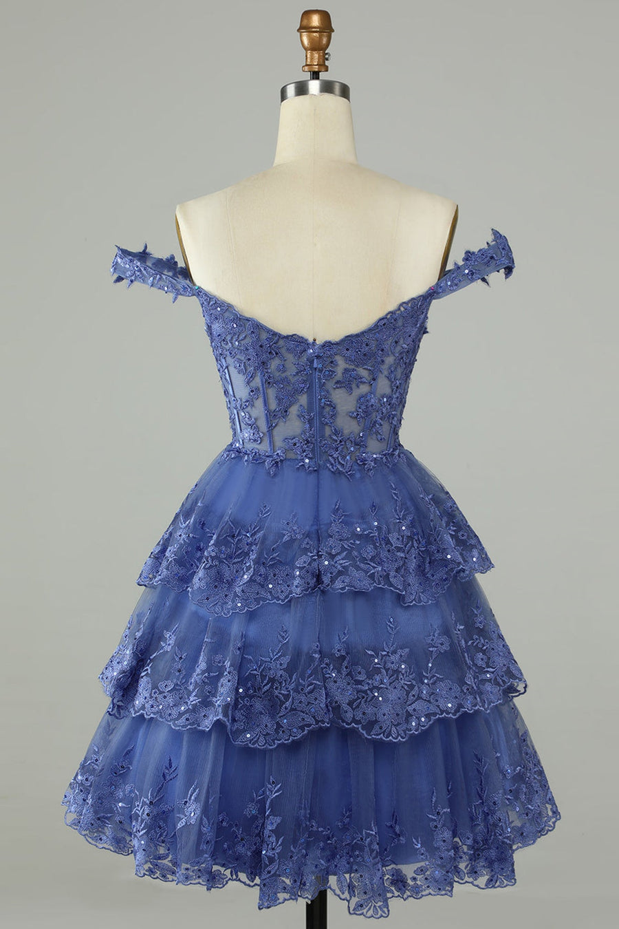 Blue Off-the-Shoulder Appliques Multi-Layers Homecoming Dress