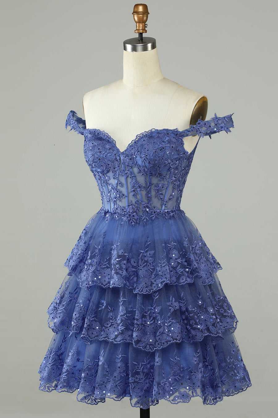 Blue Off-the-Shoulder Appliques Multi-Layers Homecoming Dress