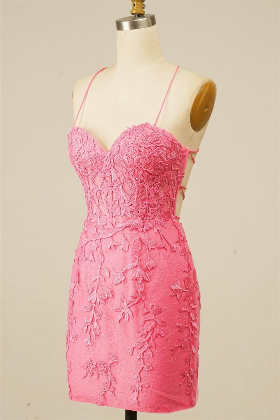 Pink Sweetheart Lace-Up Sheath Appliques Homecoming Dress