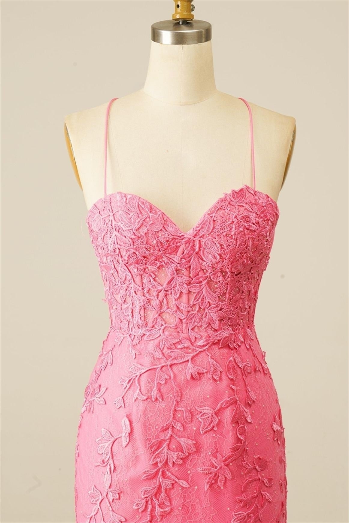 Pink Sweetheart Lace-Up Sheath Appliques Homecoming Dress