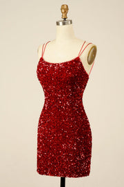 Wine Red Sequins Lace-Up Sheath Homecoming Dress with Slit