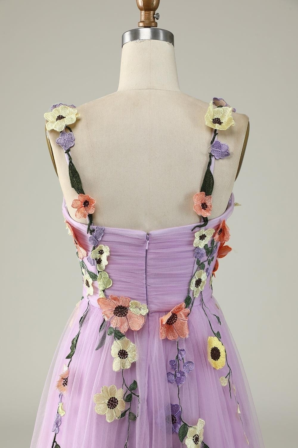 Lavender Flower Straps Appliques A-line Tulle Long Prom Dress