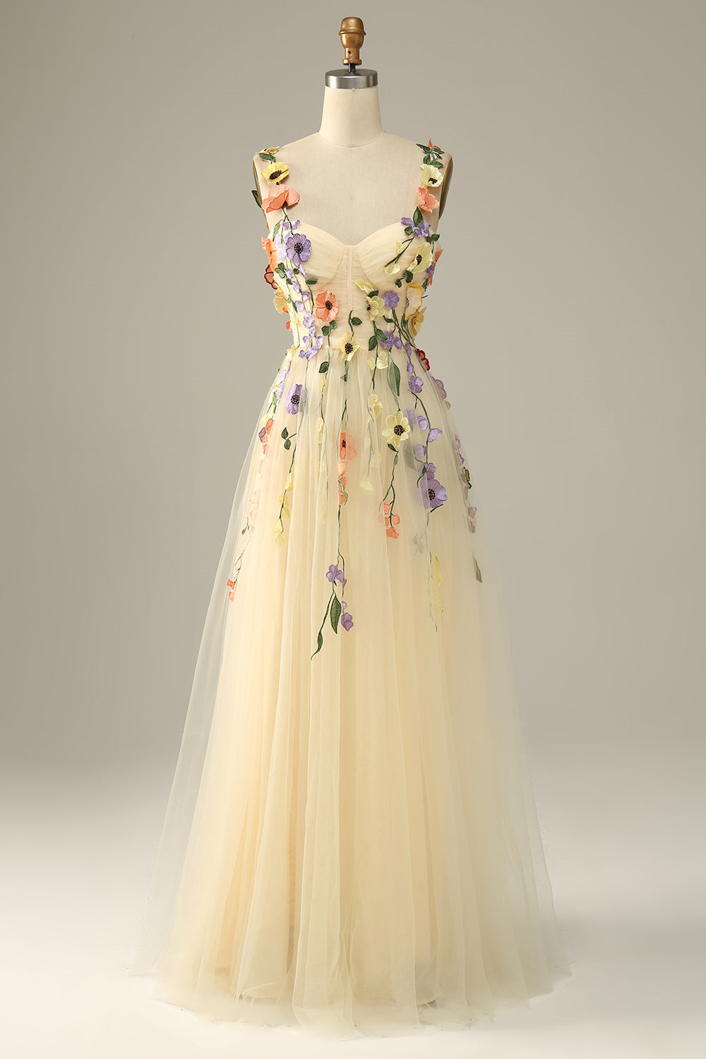 Light Yellow Flower Straps Appliques A-line Tulle Long Prom Dress
