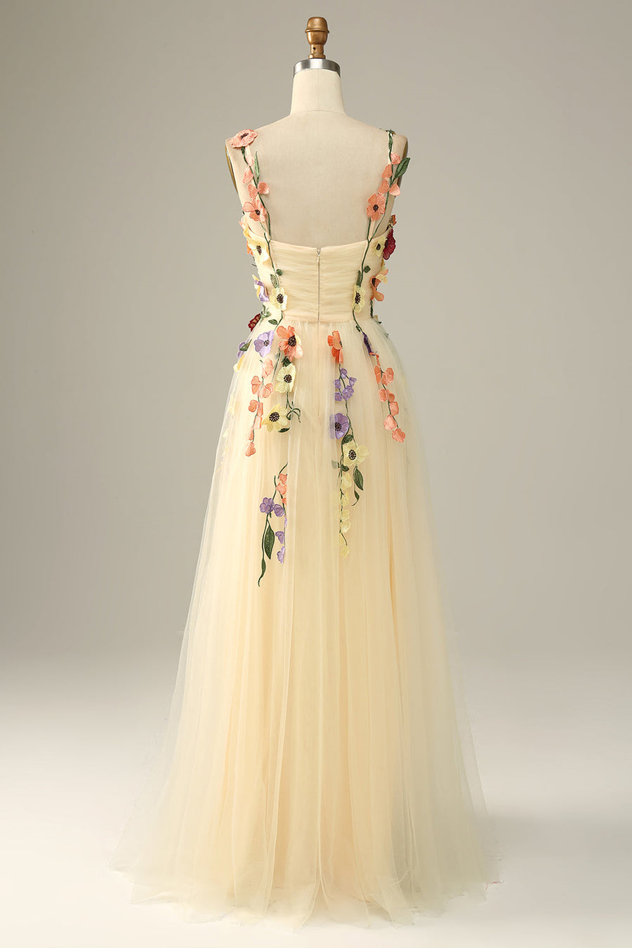 Light Yellow Flower Straps Appliques A-line Tulle Long Prom Dress