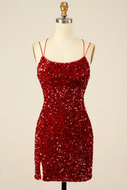Wine Red Sequins Lace-Up Sheath Homecoming Dress with Slit