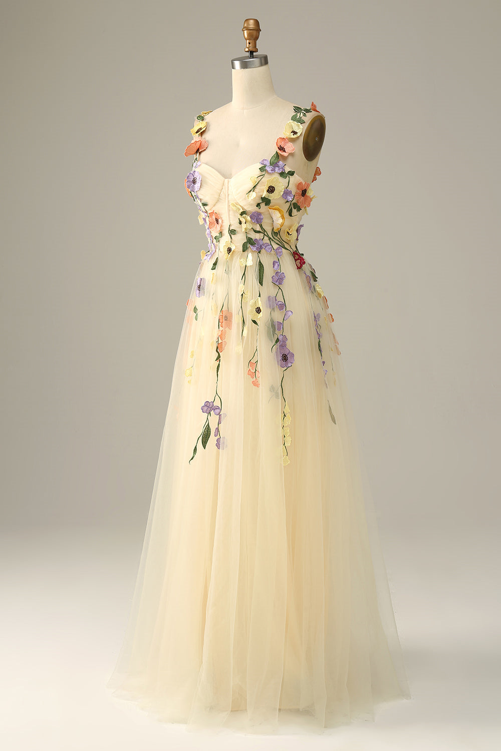 Light Yellow Flower Straps Appliques A-line Tulle Long Prom Dress