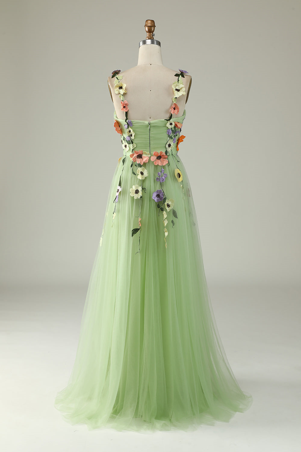 Light Green Flower Straps Appliques A-line Tulle Long Prom Dress