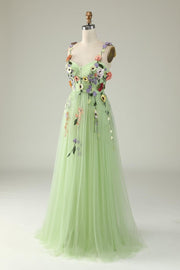 Light Green Flower Straps Appliques A-line Tulle Long Prom Dress