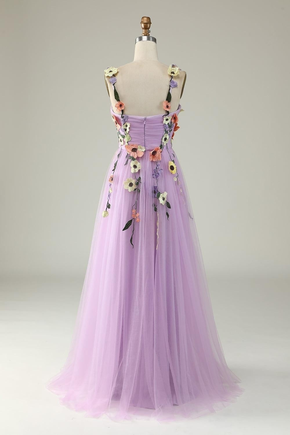 Lavender Flower Straps Appliques A-line Tulle Long Prom Dress