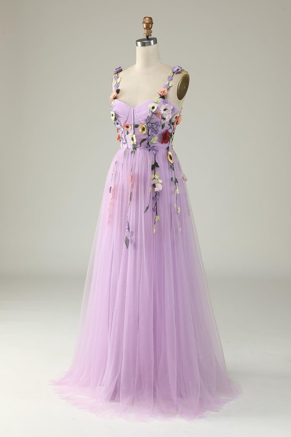 Lavender Flower Straps Appliques A-line Tulle Long Prom Dress