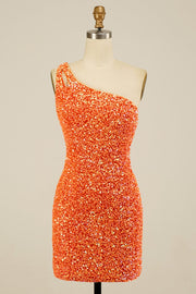 Orange Sequins One Shoulder Sheath Homecoming Dress