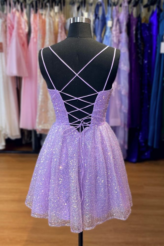 Lavender Sequins Spaghetti Strap Sheath Lace-Up Homecoming Dress