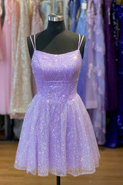 Lavender Sequins Spaghetti Strap Sheath Lace-Up Homecoming Dress