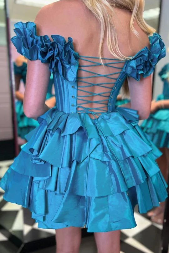 Blue Off-the-shoulder A-line Satin Appliques Mini Homecoming Dress | Joyofdress Blue Off-the-shoulder A-line Satin Appliques Mini Homecoming Dress | Joyofdress