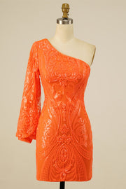 Orange One Shoulder Long Sleeve Sequins-Embroidered Homecoming Dress