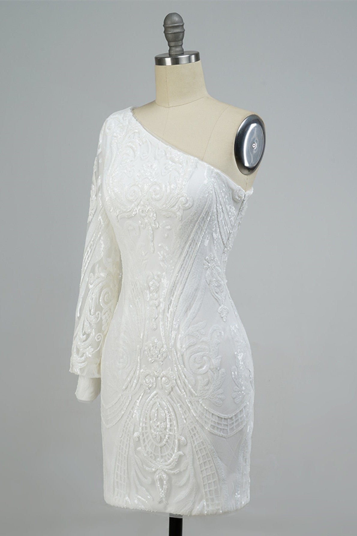 White One Shoulder Long Sleeve Sequins-Embroidered Homecoming Dress