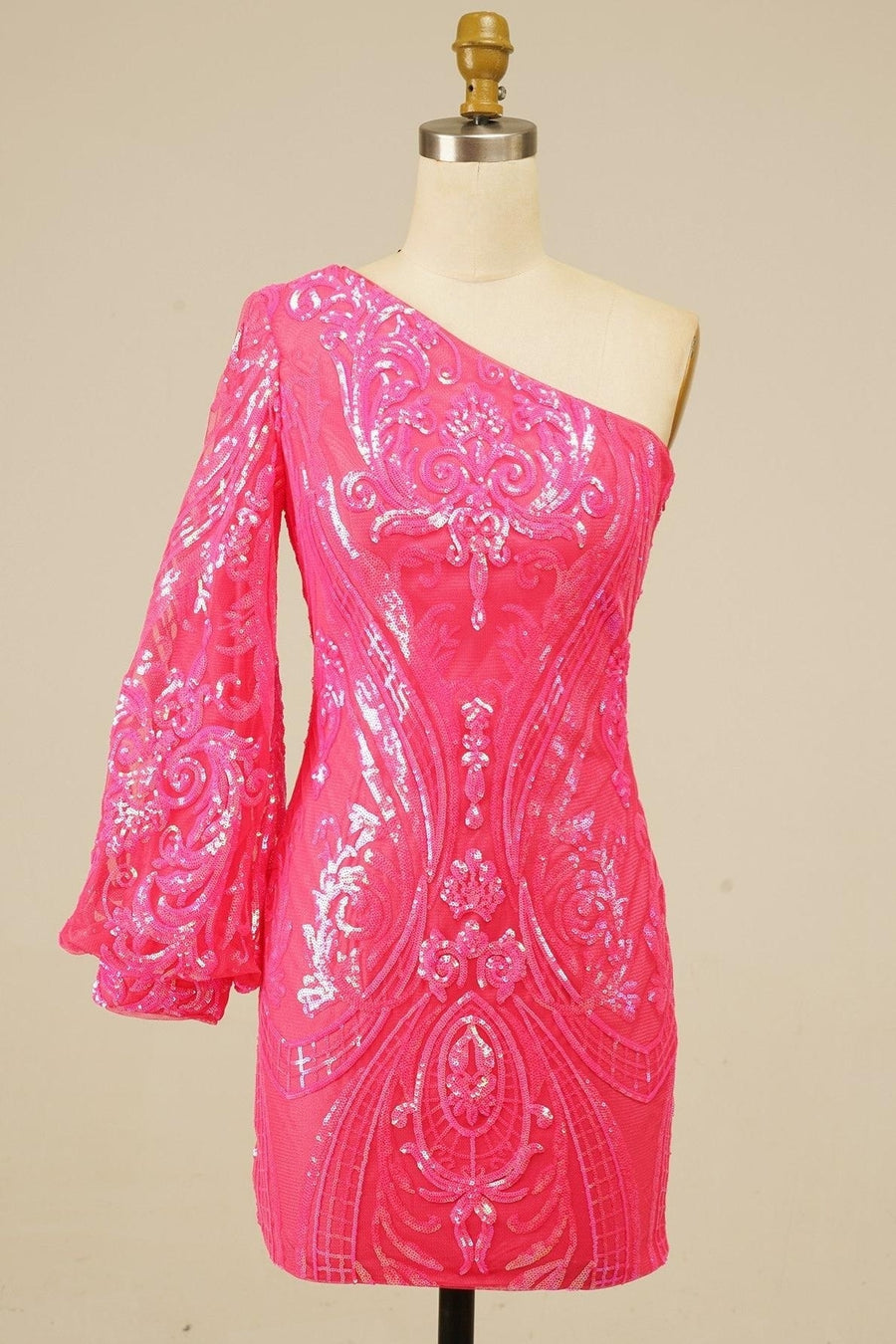 Hot Pink One Shoulder Long Sleeve Sequins-Embroidered Homecoming Dress