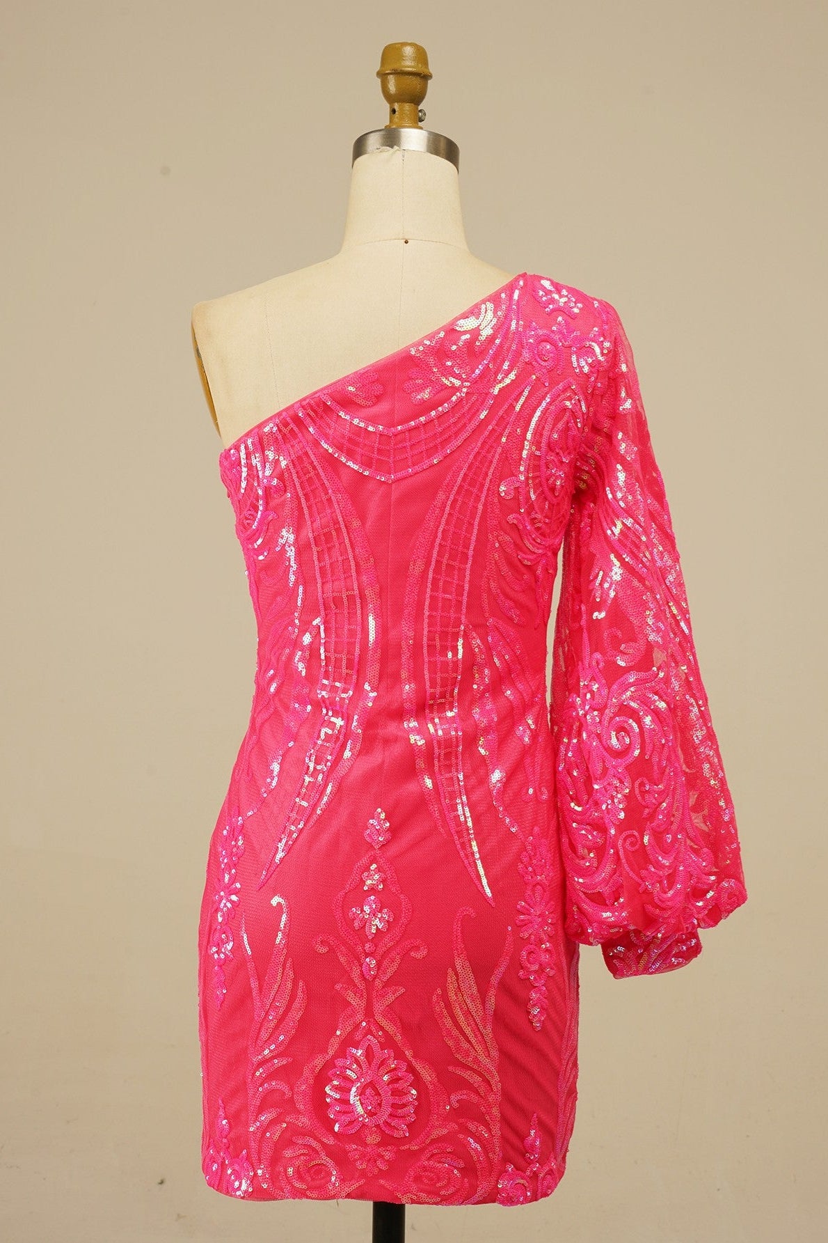 Hot Pink One Shoulder Long Sleeve Sequins-Embroidered Homecoming Dress