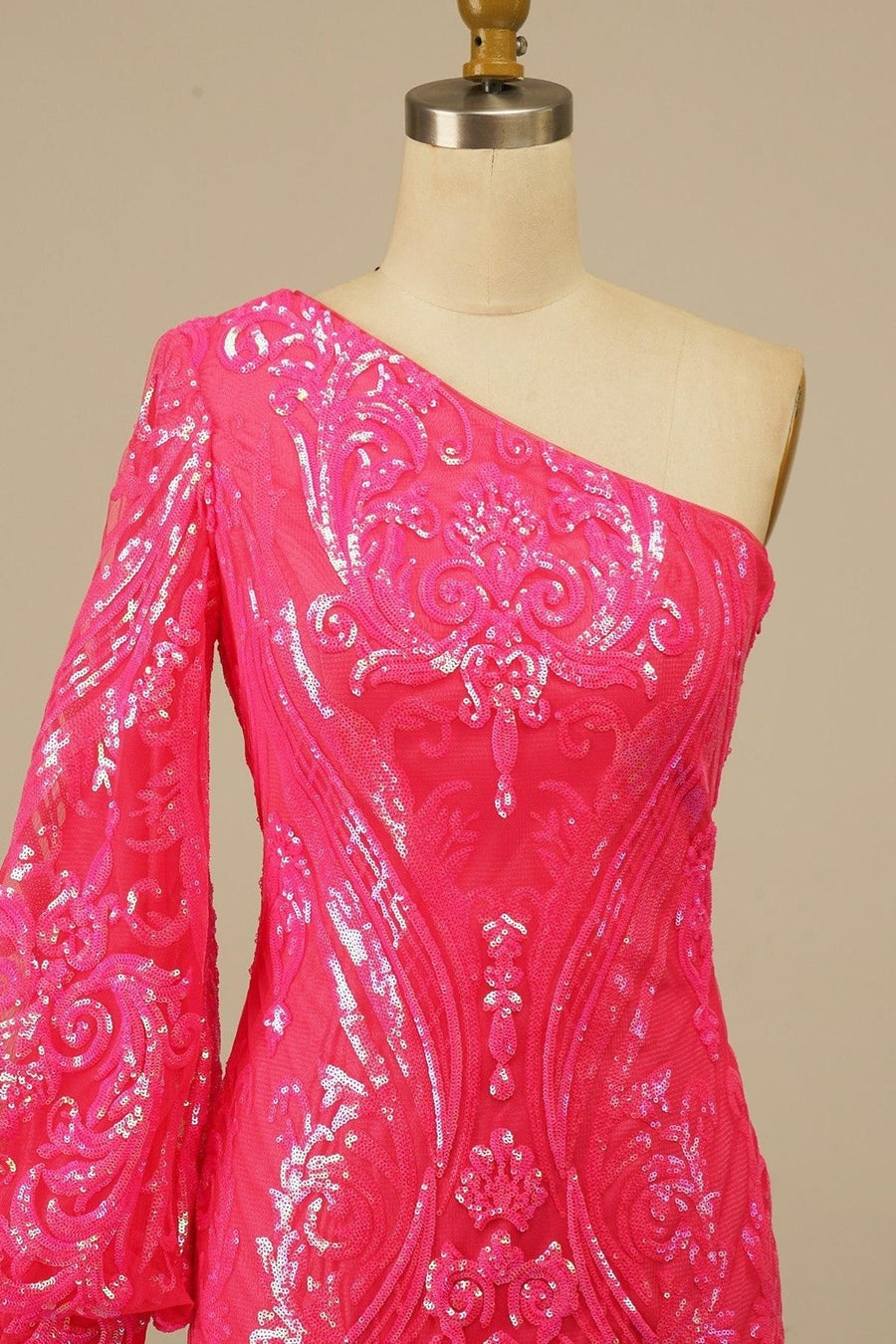 Hot Pink One Shoulder Long Sleeve Sequins-Embroidered Homecoming Dress