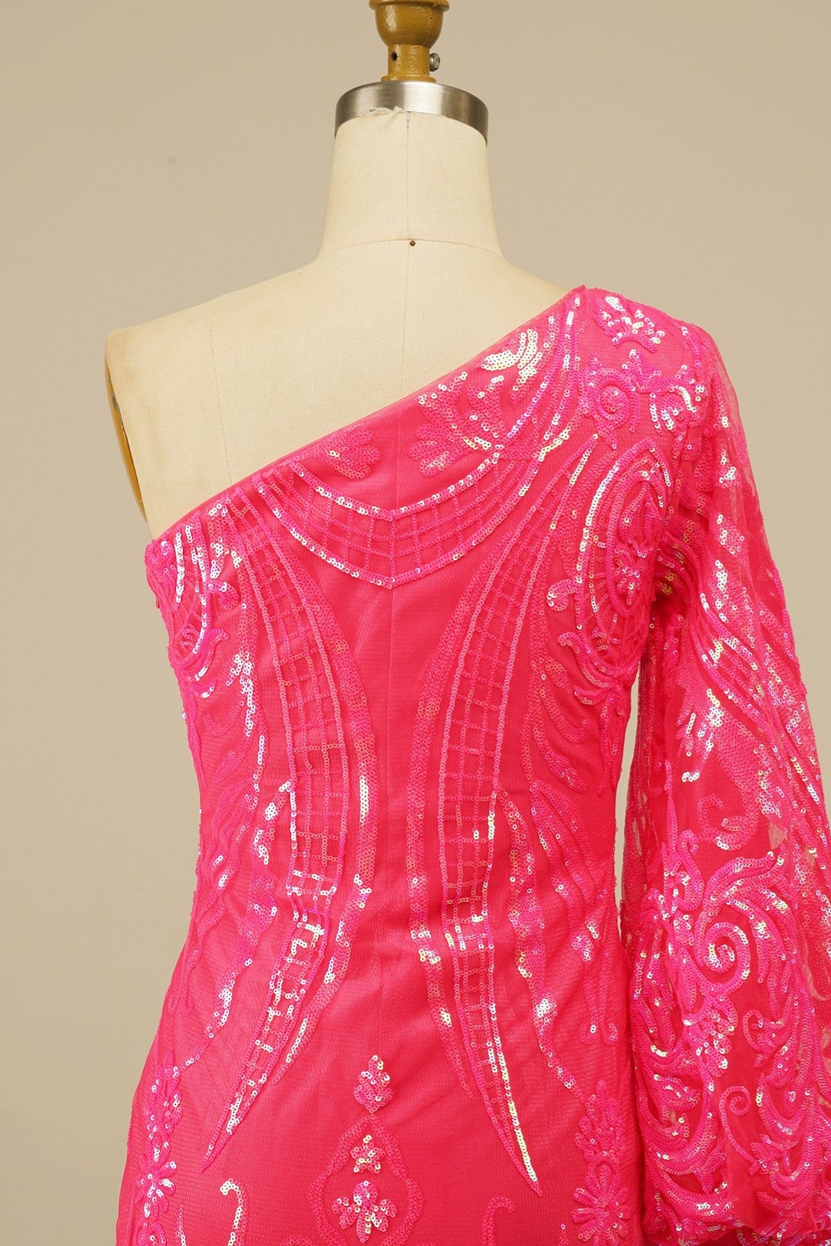 Hot Pink One Shoulder Long Sleeve Sequins-Embroidered Homecoming Dress
