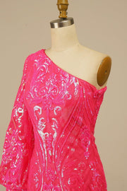 Hot Pink One Shoulder Long Sleeve Sequins-Embroidered Homecoming Dress