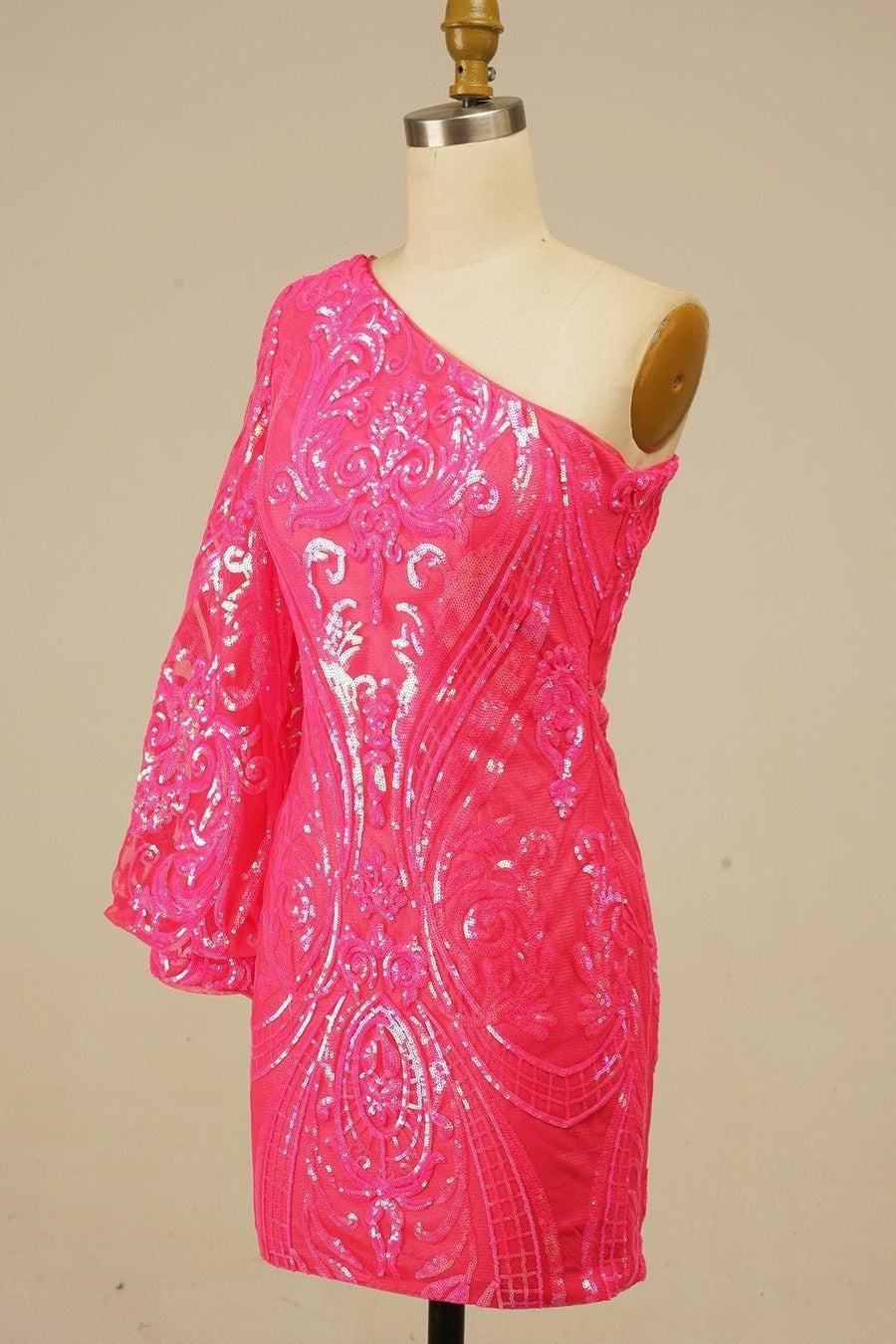 Hot Pink One Shoulder Long Sleeve Sequins-Embroidered Homecoming Dress