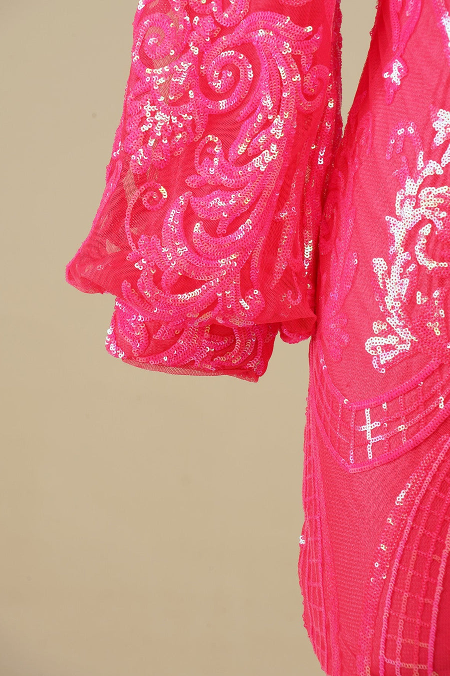 Hot Pink One Shoulder Long Sleeve Sequins-Embroidered Homecoming Dress