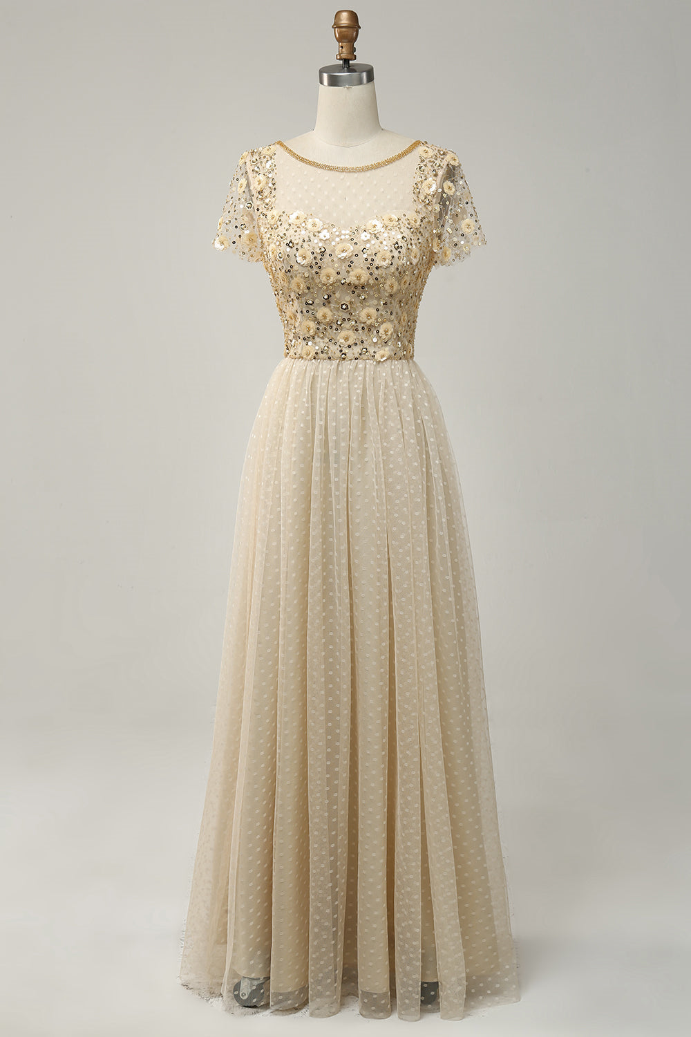 Champagne A-line Dot Appliques Illusion Neck Beaded Long Prom Dress