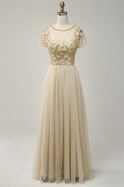 Champagne A-line Dot Appliques Illusion Neck Beaded Long Prom Dress