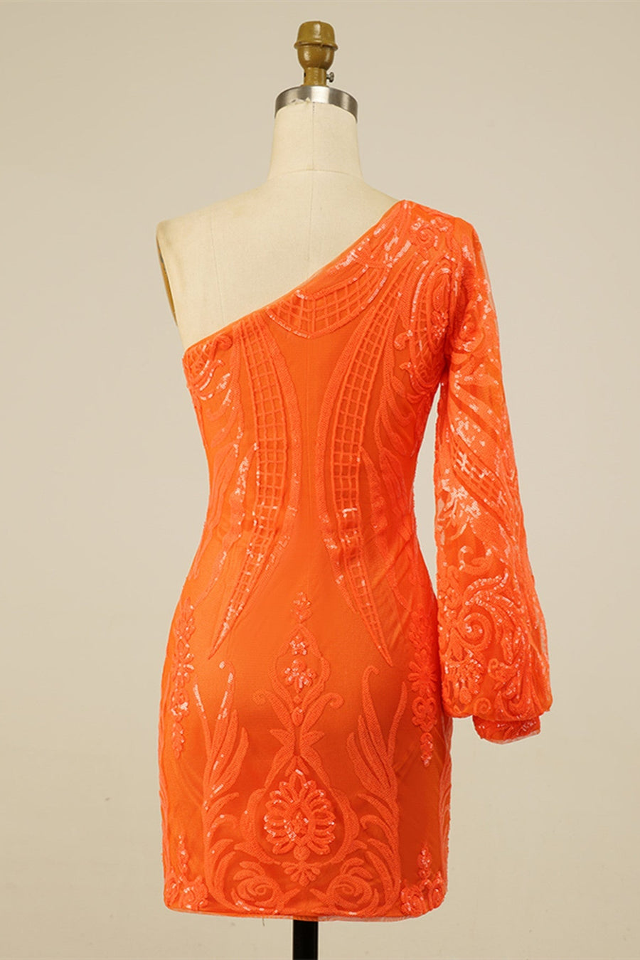 Orange One Shoulder Long Sleeve Sequins-Embroidered Homecoming Dress