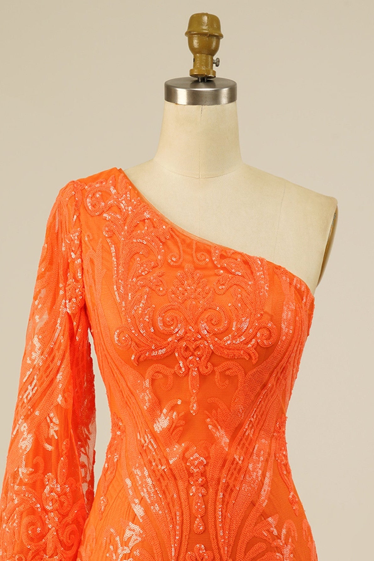 Orange One Shoulder Long Sleeve Sequins-Embroidered Homecoming Dress