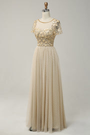 Champagne A-line Dot Appliques Illusion Neck Beaded Long Prom Dress