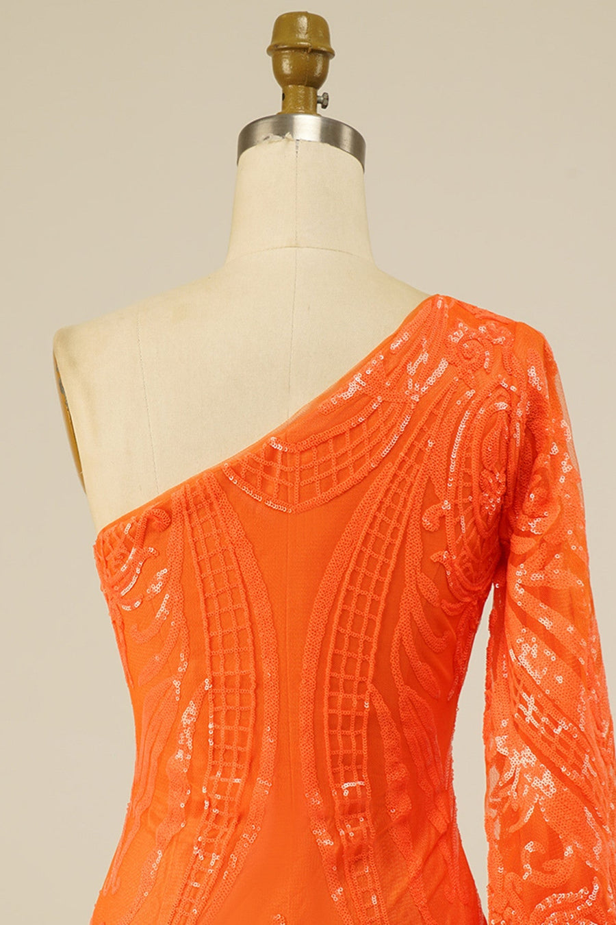 Orange One Shoulder Long Sleeve Sequins-Embroidered Homecoming Dress