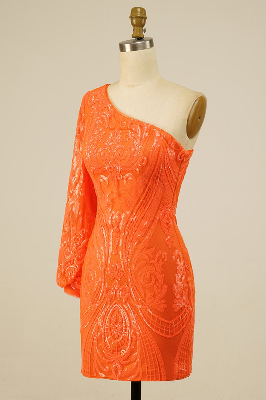 Orange One Shoulder Long Sleeve Sequins-Embroidered Homecoming Dress