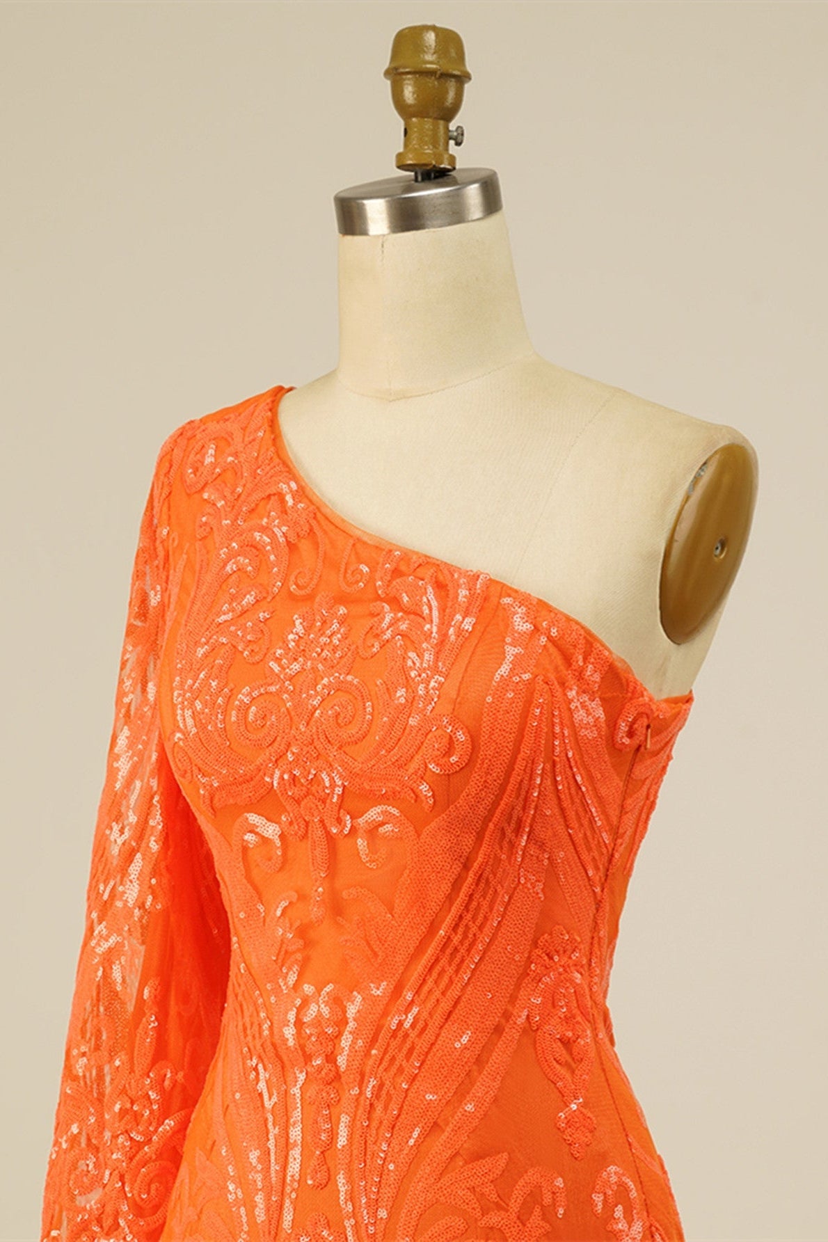Orange One Shoulder Long Sleeve Sequins-Embroidered Homecoming Dress