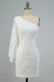 White One Shoulder Long Sleeve Sequins-Embroidered Homecoming Dress