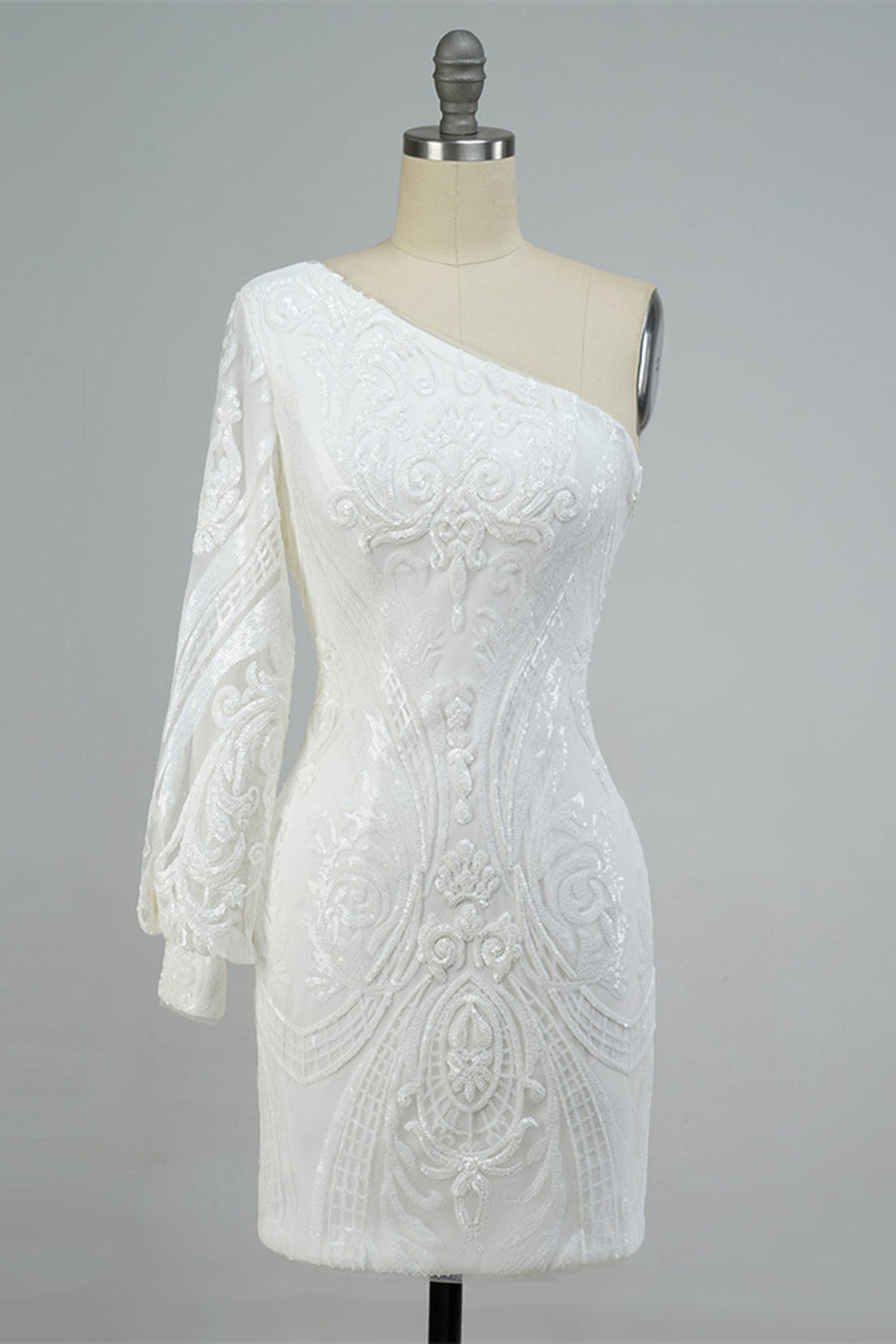 White One Shoulder Long Sleeve Sequins-Embroidered Homecoming Dress