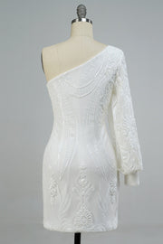 White One Shoulder Long Sleeve Sequins-Embroidered Homecoming Dress