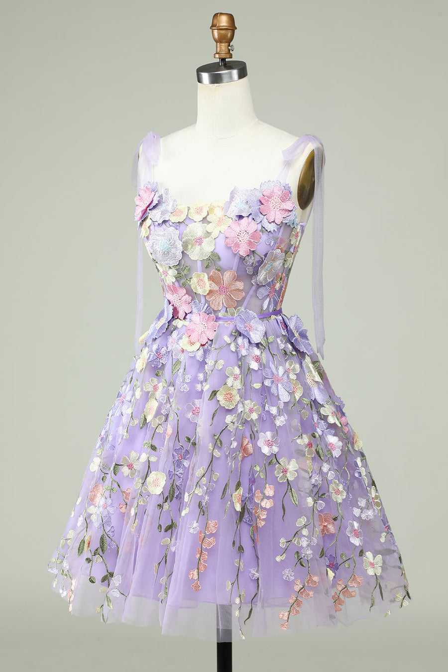 Lavender Bow Tie Shoulder A-line Flowers Homecoming Dress