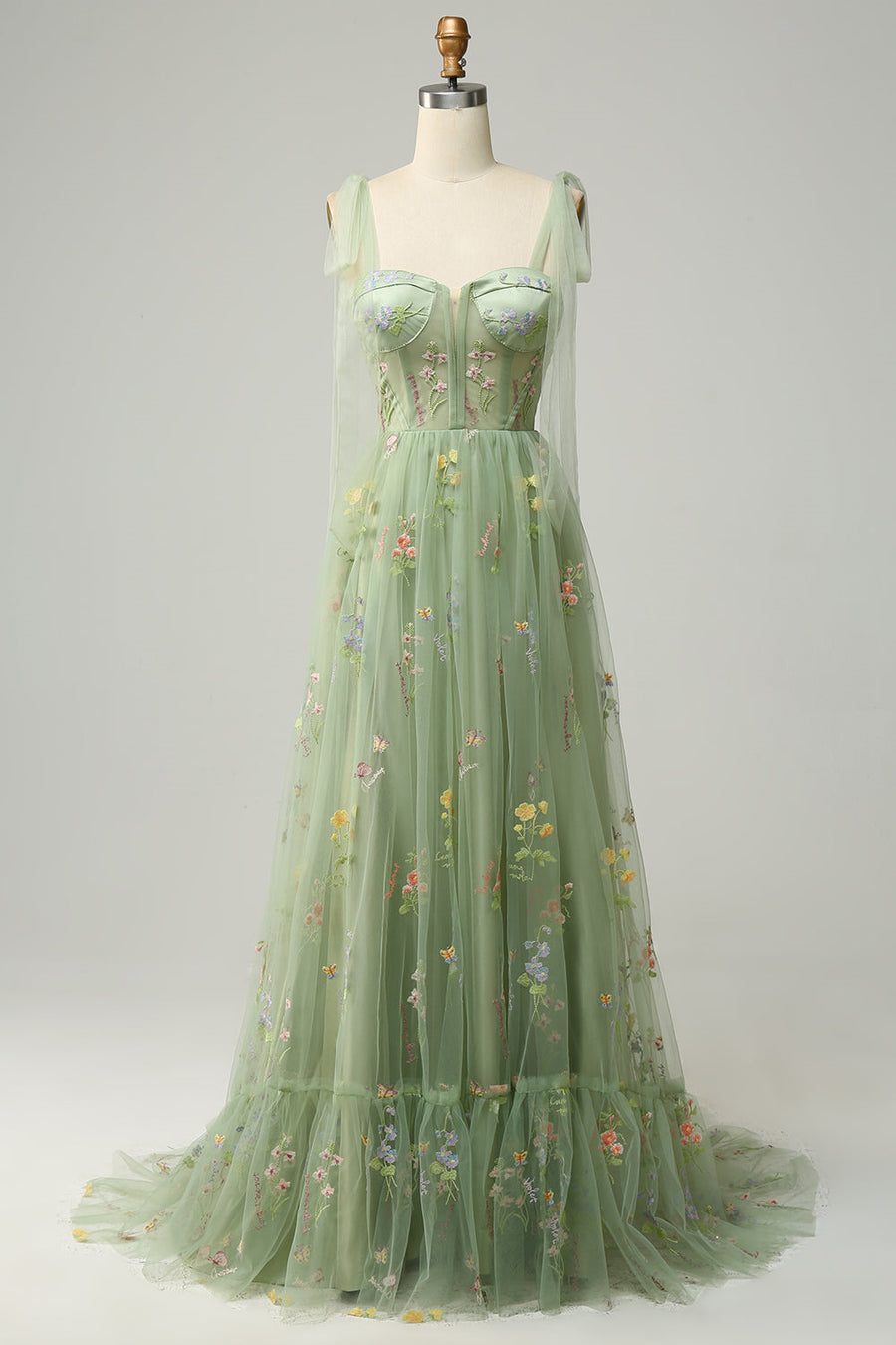 Dusty Sage Bow Tie Shoulder A-line Embroidery Tulle Long Prom Dress