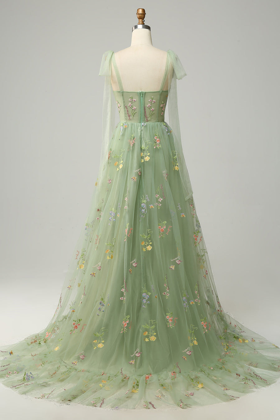 Dusty Sage Bow Tie Shoulder A-line Embroidery Tulle Long Prom Dress