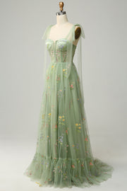 Dusty Sage Bow Tie Shoulder A-line Embroidery Tulle Long Prom Dress