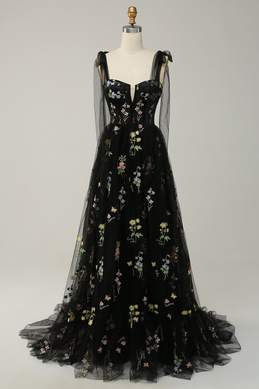 Black Bow Tie Shoulder A-line Embroidery Tulle Long Prom Dress