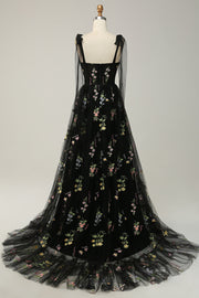 Black Bow Tie Shoulder A-line Embroidery Tulle Long Prom Dress