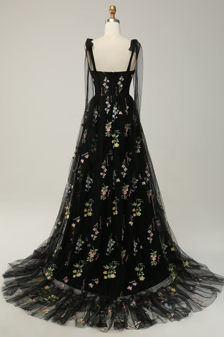 Black Bow Tie Shoulder A-line Embroidery Tulle Long Prom Dress Black / US 4 Black Bow Tie Shoulder A-line Embroidery Tulle Long Prom Dress Black / US 4