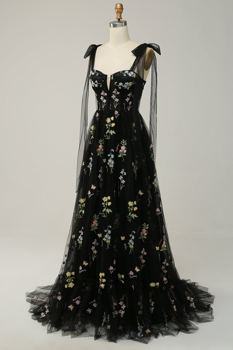Black Bow Tie Shoulder A-line Embroidery Tulle Long Prom Dress Black / US 10
