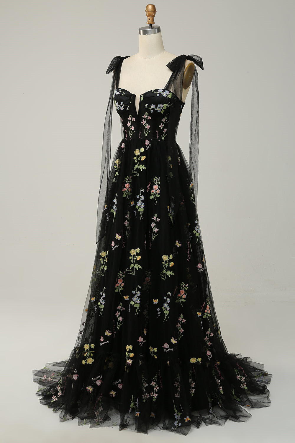 Black Bow Tie Shoulder A-line Embroidery Tulle Long Prom Dress