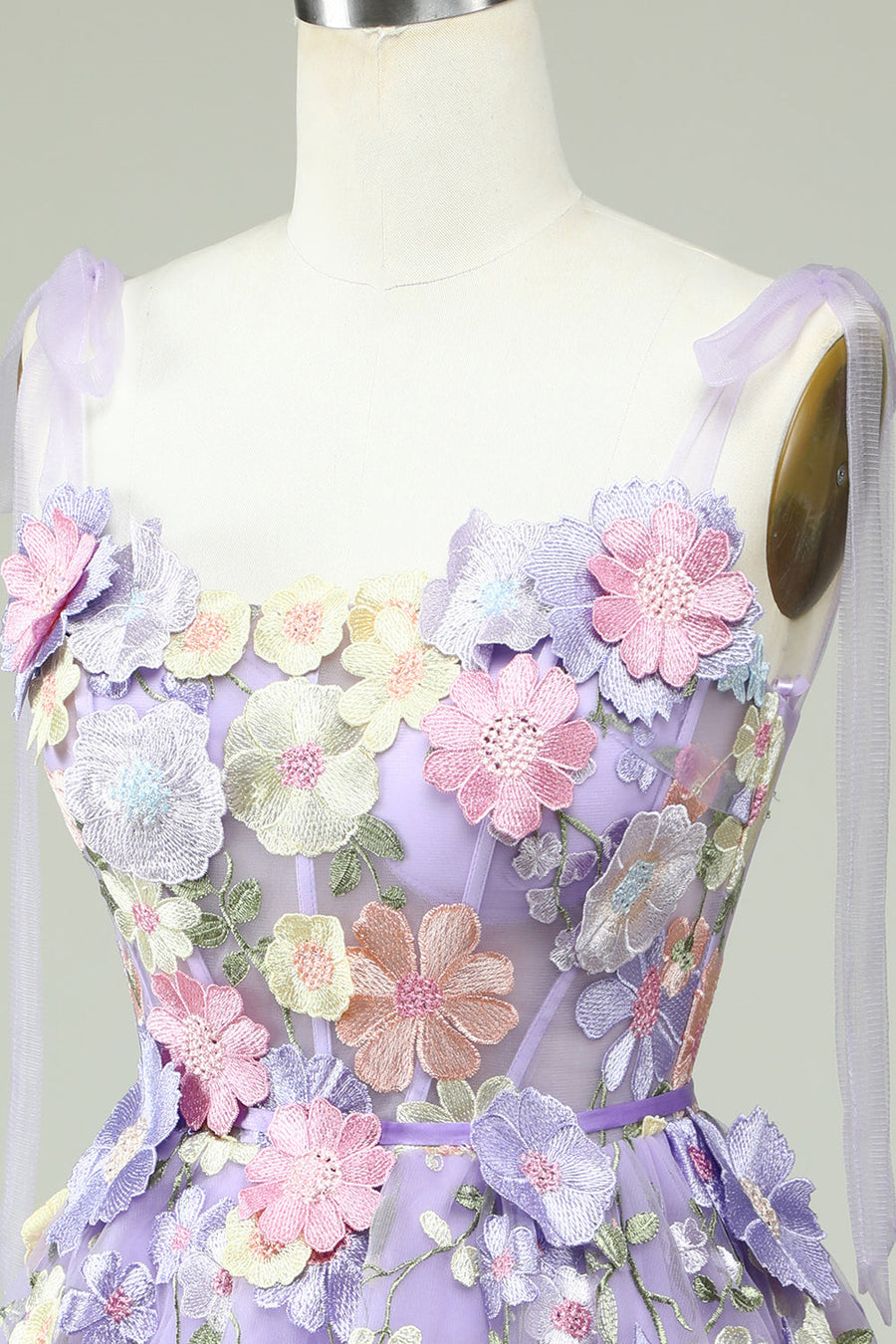 Lavender Bow Tie Shoulder A-line Flowers Homecoming Dress