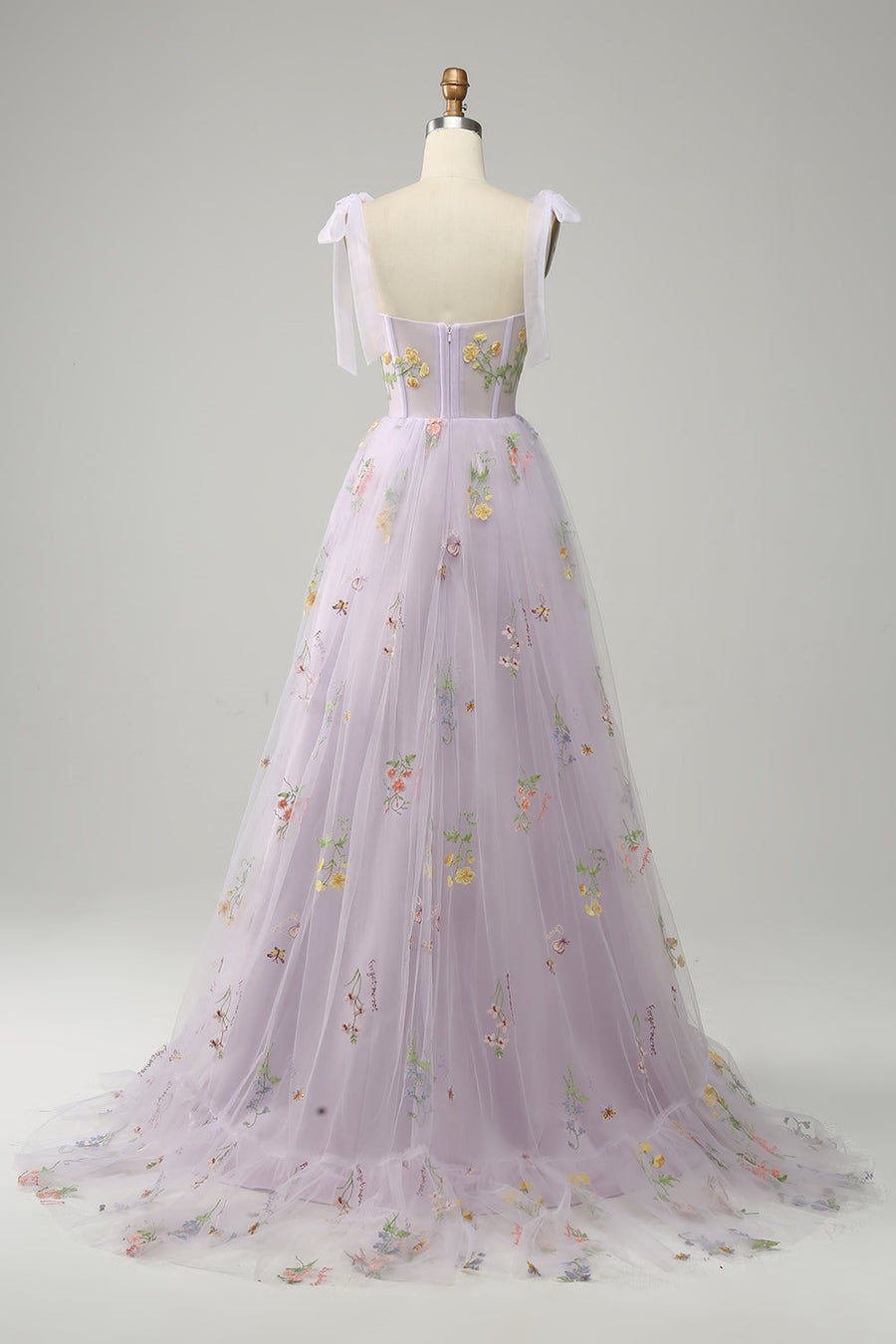 Lavender Bow Tie Shoulder A-line Embroidery Tulle Long Prom Dress